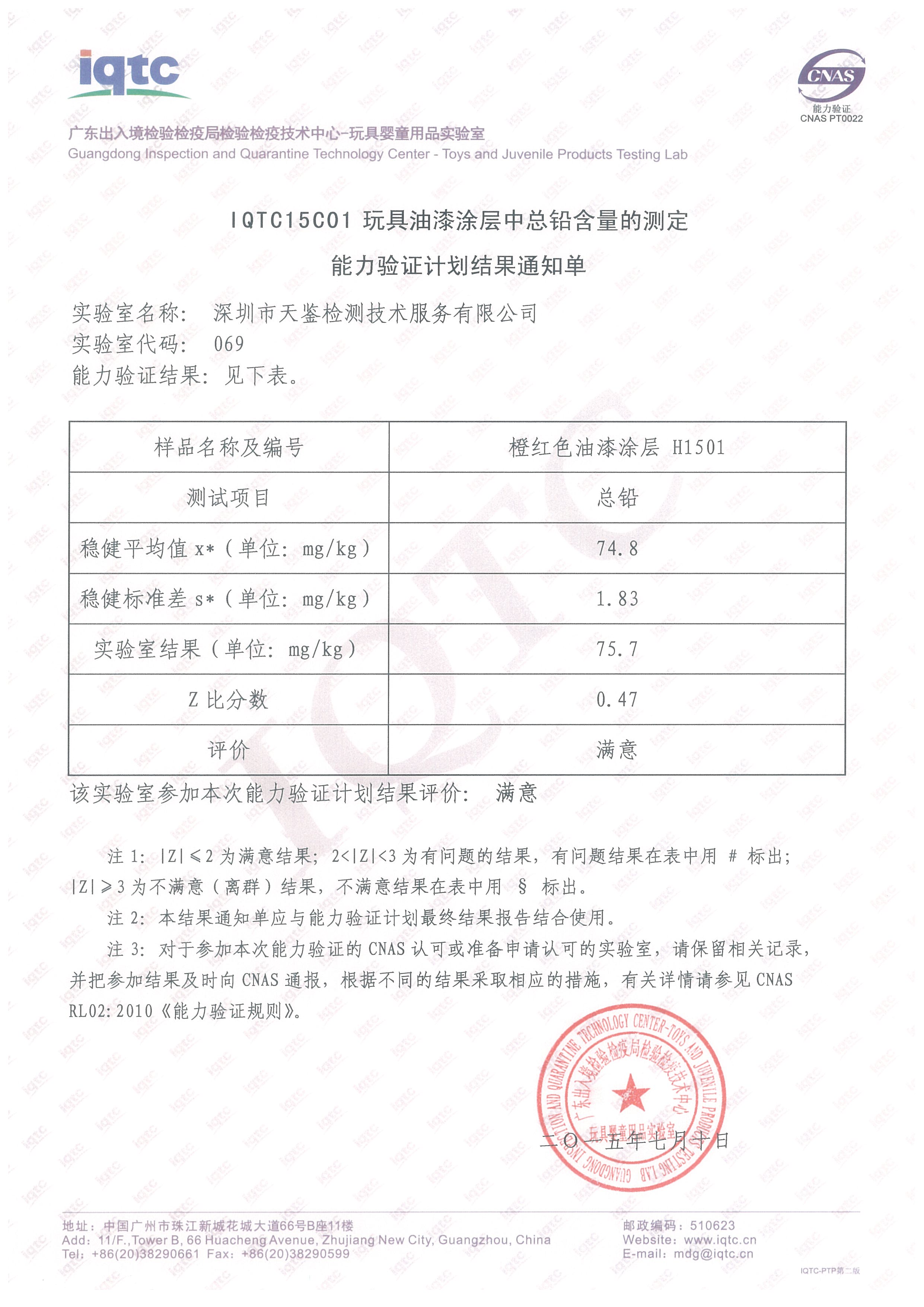 天鑒檢測在IQTC15C01玩具油漆圖層中總鉛含量的測定能力驗證計劃獲得滿意結果
