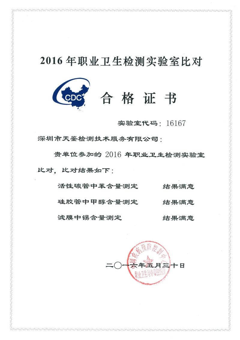 2016年職業衛生檢測實驗室比對結果